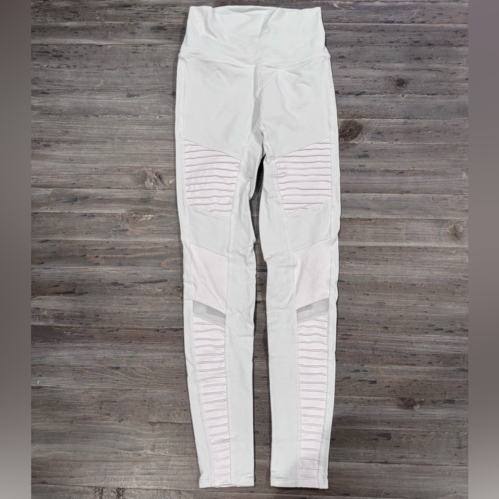 ALO Yoga White High-Waisted Moto Leggings with Ribbed Detail